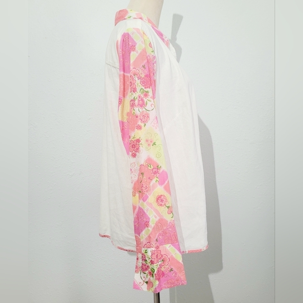CJ Banks Vintage Women's Size 1X Linen Blend Button Front Shirt Floral Patchwork - Picture 4 of 13